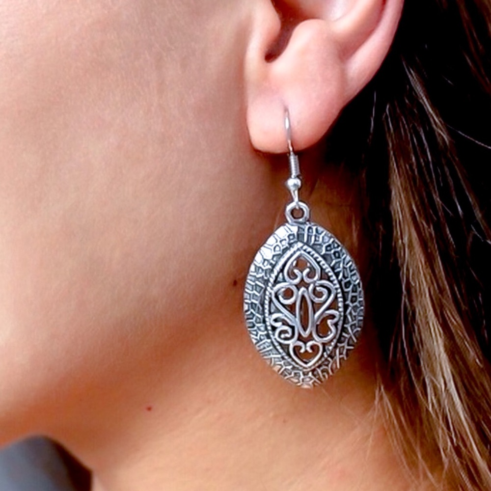 Any 4/$25! Antiqued Silver Boho Ellipse Drop Earrings - Picture 7 of 10
